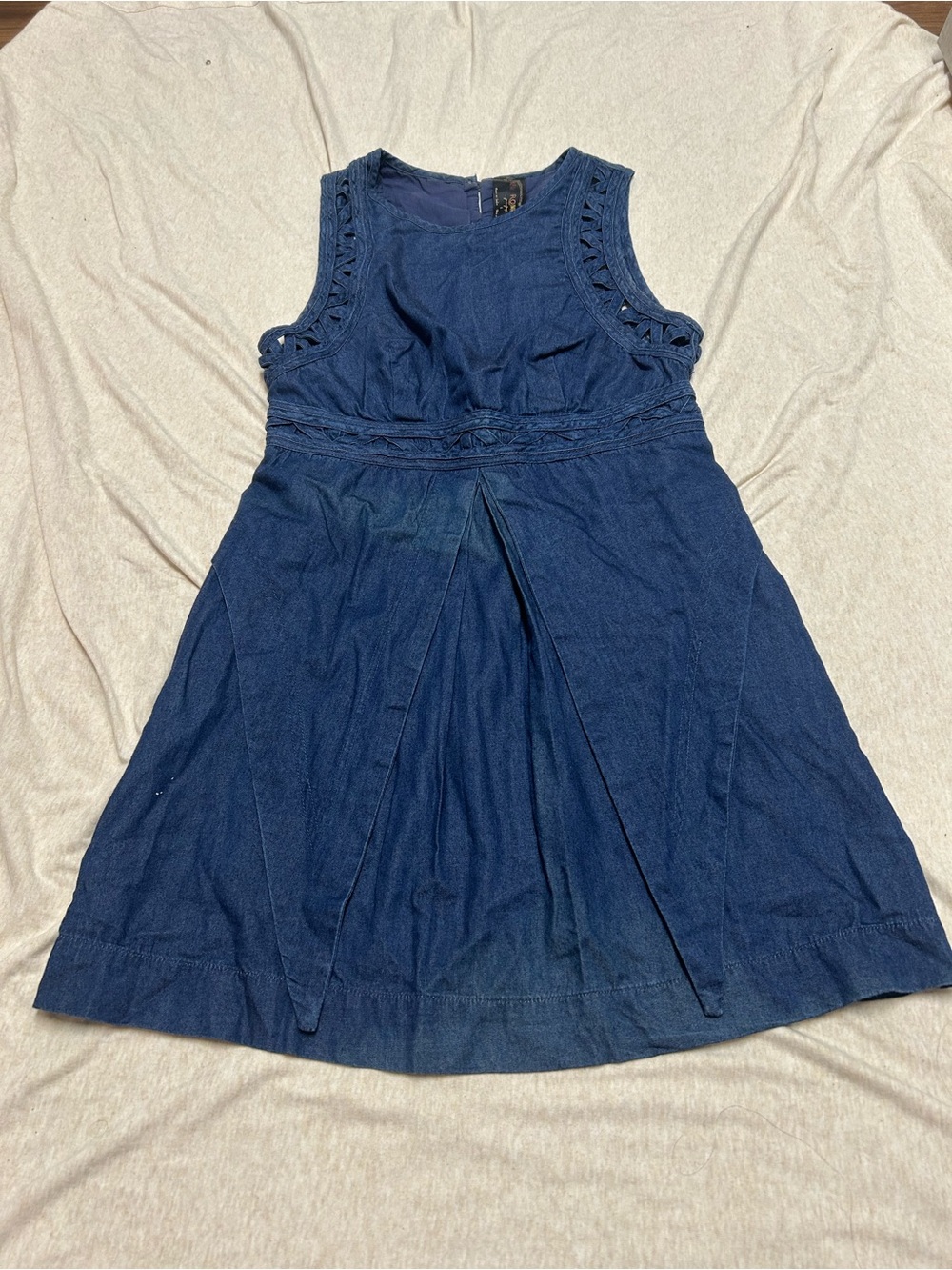 New Romantics by Free People Highland Lattice Denim Mini Dress Dark Wash Flawed